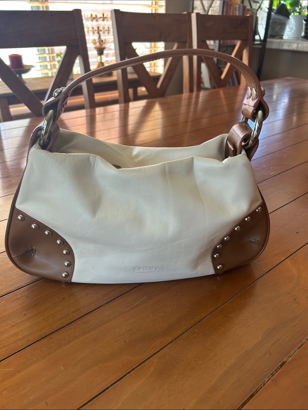 Desmo Two-Tone Leather Shoulder Bag Cream & Brown Studded